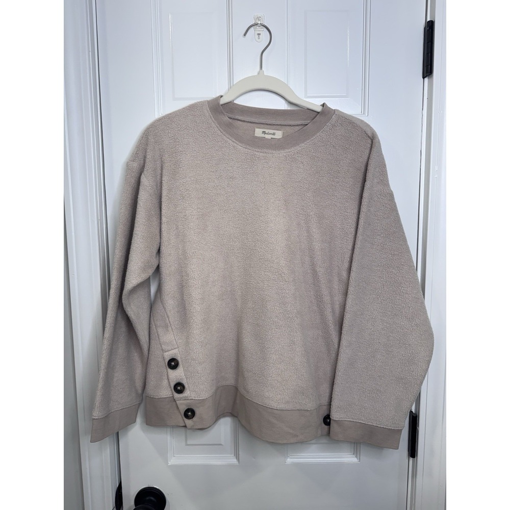 Madewell Sherpa Fleece Sweatshirt XS Beige Pullover Button Detail Cozy Top